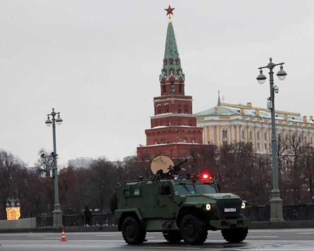 MOSCOW, RUSSIA - FEBRUARY 15: Armed officers of the Russian Federal Security Service patrol the bridge over the Moskva River opposite the Kremlin in a Tiger armored vehicle, on February 15, 2026, in Moscow, Russia. (Photo by Contributor/Getty Images)