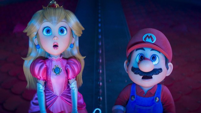 Peach and Mario in Super Mario Galaxy Movie looking shocked