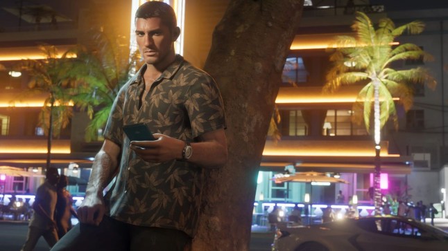 GTA 6 screenshot of character Jason leaning against a tree