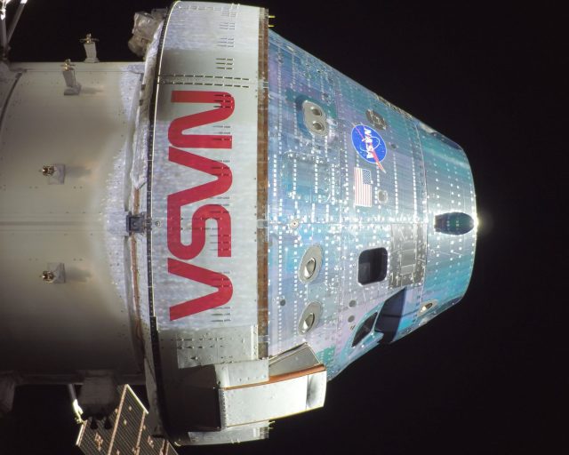 IN SPACE - APRIL 03: (EDITOR'S NOTE: This Handout image was provided by a third-party organization and may not adhere to Getty Images' editorial policy.) In this handout image provided by NASA, Orion snapped this high-resolution selfie in space with a camera mounted on one of its solar array wings during a routine external inspection of the spacecraft on the second day into the Artemis II mission on April 3, 2026. NASA's Artemis II mission will take Wiseman, Glover, Koch, and Hansen on a 10-day journey around the Moon and back aboard their Orion spacecraft. (Photo by NASA via Getty Images)