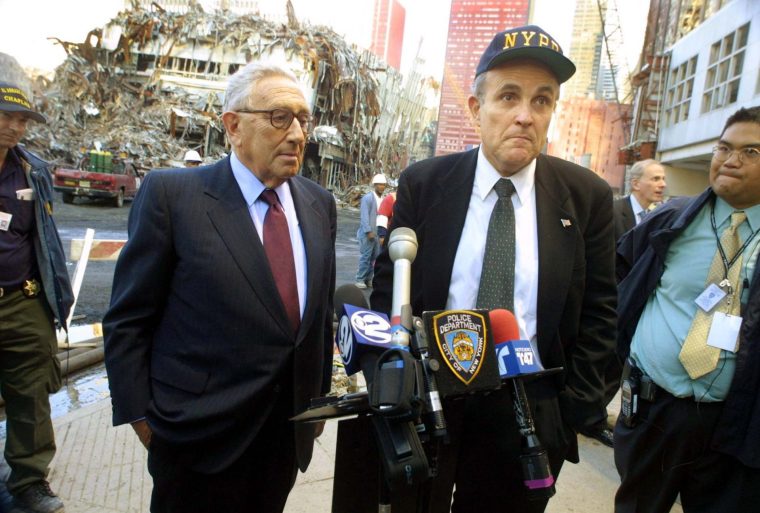 FILE - MAY 03: Rudy Giuliani, the former mayor of New York City, is in critical, but stable condition, in a Florida hospital according to his spokesperson on May 03, 2026. Giuliani is 81 years old. 395235 01: New York Mayor Rudy Giuliani (R) and former Secretary of State Henry Kissinger meet with the media at 