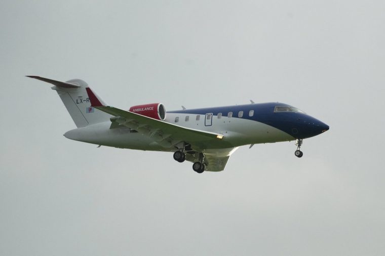 A Bombardier Challenger 605 medical plane allegedly carrying some of the people believed to be infected with hantavirus passengers from the cruise ship MV Hondius, lands at Schiphol Airport in Amsterdam on May 6, 2026. A plane that left Cape Verde following the evacuation of a cruise ship hit by the hantavirus landed in Spain's Canary Islands on May 6, while a second flight headed for the Netherlands. (Photo by Lina Selg / AFP via Getty Images)