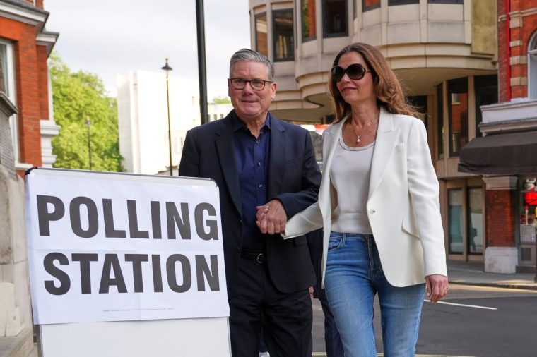 Britain's Prime Minister Keir Starmer and wife Victoria arrive at a polling station in central London, Thursday, May 7, 2026 to cast their votes in the local elections.(AP Photo/Kirsty Wigglesworth)