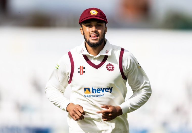 NORTHAMPTON, ENGLAND - JULY 04: Emilio Gay of Northamptonshire looks on during day one of the LV= Insurance County Championship match between Northamptonshire and Yorkshire at The County Ground on July 04, 2021 in Northampton, England. (Photo by Andy Kearns/Getty Images)