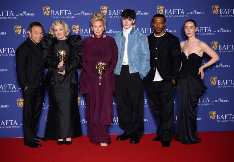 LONDON, ENGLAND - MAY 10: Stephen Graham, Christine Tremarco, Hannah Walters, Owen Cooper, Ashley Walters and Erin Doherty with the Limited Drama Award for Adolescence during the BAFTA Television Awards with P&O Cruises 2026 at The Royal Festival Hall on May 10, 2026 in London, England. (Photo by Karwai Tang/WireImage)