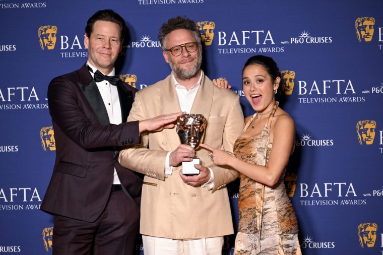 Ike Barinholtz, Seth Rogen and Chase Sui Wonders at the 2026 BAFTA Television Awards with P&O Cruises held at Royal Festival Hall on May 10, 2026 in London, England. (Photo by Zak Hussein/Variety via Getty Images)