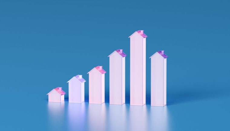 A conceptual illustration featuring a growth graph composed of pink translucent house symbols at varying heights, reflecting a vibrant blue background. This design symbolizes real estate market growth, property investment, housing trends, and financial analysis. The clean and modern composition conveys progress, change, and market dynamics, making it ideal for marketing materials, editorial content, infographics, and corporate presentations with a visually engaging and contemporary aesthetic.