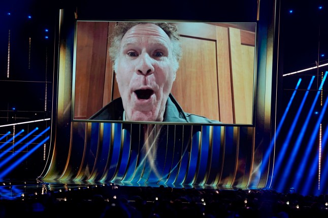 Actor Will Ferrell appears on a large screen during the first semifinal of the 70th Eurovision Song Contest in Vienna, Austria, Tuesday, May 12, 2026. (AP Photo/Martin Meissner)