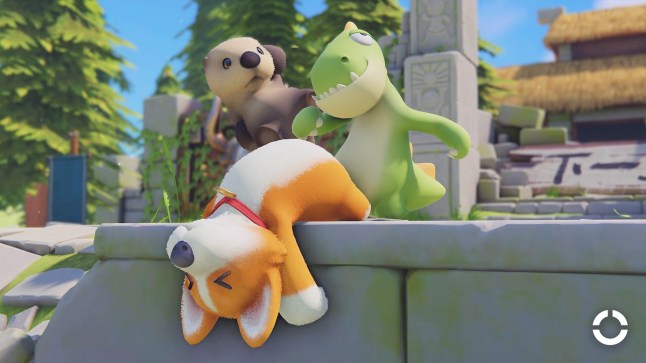 Party animals gameplay of dog character bent over edge of arena as a lizard and otter stand over it