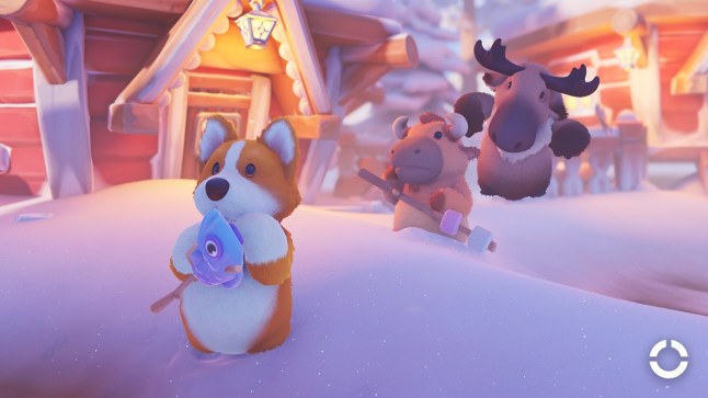 Party Animals gameplay of dog character carrying fish through deep snow while pursued by a moose and cow