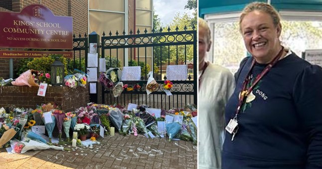 Pictured: Flowers and tributes outside the school gates on Friday. A highly-rated school has undergone a 'lockdown procedure' after a female teacher died on-site following a medical emergency. Emergency services were called to King's School in Winchester, Hants, after a teacher, aged in her 40s, was involved in a medical incident. Tributes have been paid to the woman, named locally as Mrs Bamford, who was later pronounced dead. The King's School in Winchester welcomes around 1,650 students and its predecessor taught students including Colin Firth, Jack Dee and Wayne Bridge. SEE OUR COPY FOR DETAILS. Please byline: Hampshire Chronicle/Solent News ???? Hampshire Chronicle/Solent News & Photo Agency UK +44 (0) 2380 458800