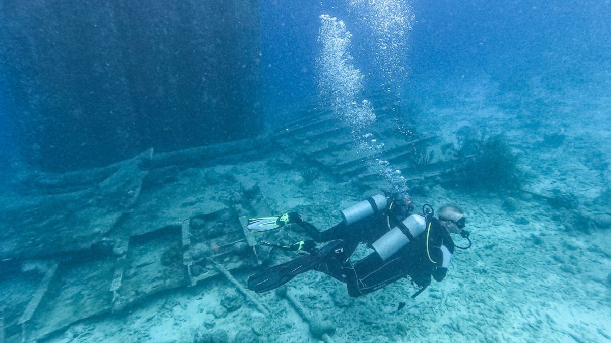 Scuba divers swim at Tugboat Beach in Caracasbaai, Curacao, Saturday, May 16, 2026. (AP Photo/Matias Delacroix)