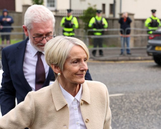 FILE PHOTO: Eleanor Donaldson, co-accused and wife of Jeffrey Donaldson, former leader of the Democratic Unionist Party (DUP) charged with historical sex offences, arrives at Newry Magistrates Court for a preliminary enquiry, in Newry, Northern Ireland, July 3, 2024. REUTERS/Damien Eagers/File Photo