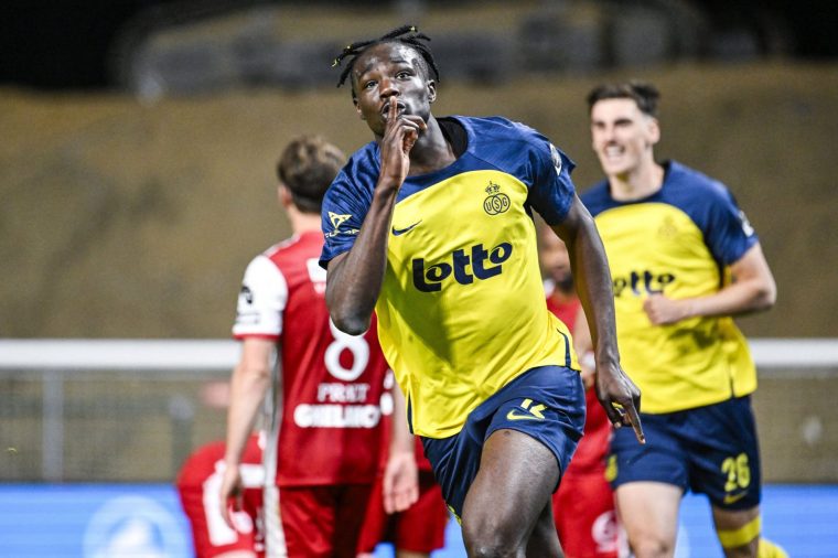 Union's Promise David celebrates after scoring his side's fourth goal during the Belgian Pro League Play-off football match between Royal Antwerp FC and Union Saint-Gilloise in Brussels on May 17, 2025. (Photo by Tom Goyvaerts / Belga / AFP) / Belgium OUT (Photo by TOM GOYVAERTS/Belga/AFP via Getty Images)
