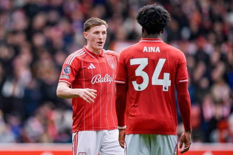 Elliot Anderson of Nottingham Forest speaks to Ola Aina of Nottingham Forest during the Premier League match between Nottingham Forest and Aston Villa at City Ground in Nottingham, United Kingdom, on April 12, 2026. (Photo by Maynard Manyowa/News Images/NurPhoto via Getty Images)