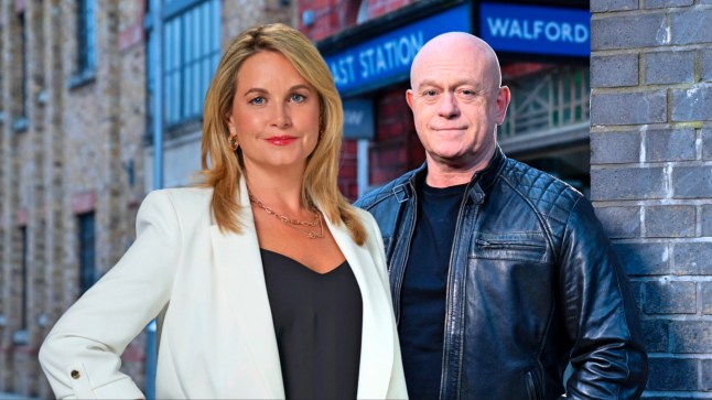 Sam and Grant in front of Walford Tube Station in EastEnders