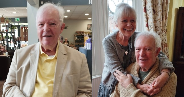 Left: Colin, smiling at the camera; right: Jane (standing) with her arms around Colin (seated) (Picture: Jane Jennings)