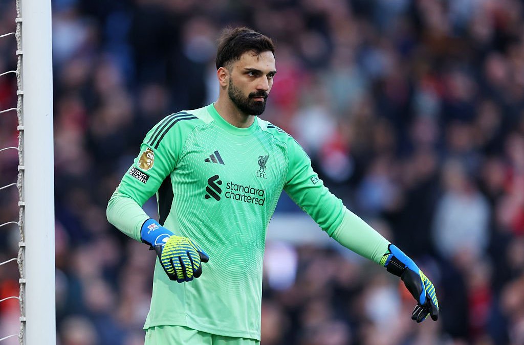 BIRMINGHAM, ENGLAND - MAY 15: Giorgi Mamardashvili of Liverpool during the Premier League match between Aston Villa and Liverpool at Villa Park on May 15, 2026 in Birmingham, England. (Photo by Catherine Ivill - AMA/Getty Images)