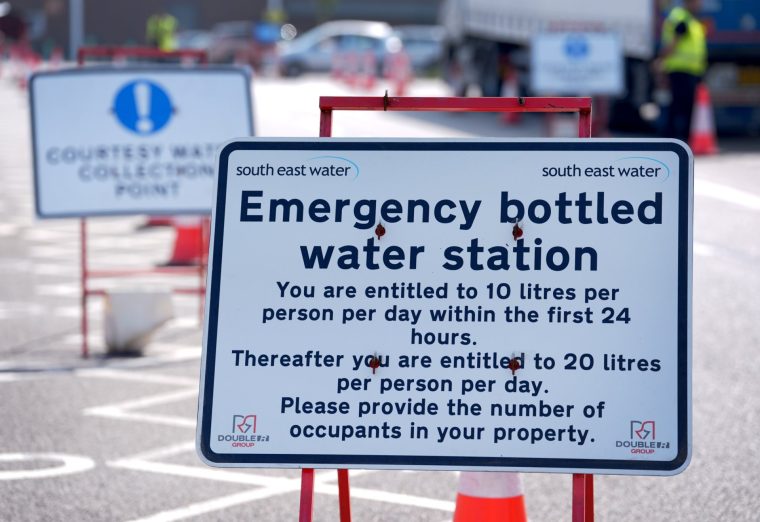 Bottled water is handed out at a water collection point near Herne Bay in Kent. Some areas of Kent and Sussex are experiencing water supply disruptions due to the hot spell, with storage reservoirs at critical levels in Whitstable and Herne Bay. Picture date: Saturday May 30, 2026. PA Photo. Photo credit should read: Gareth Fuller/PA Wire