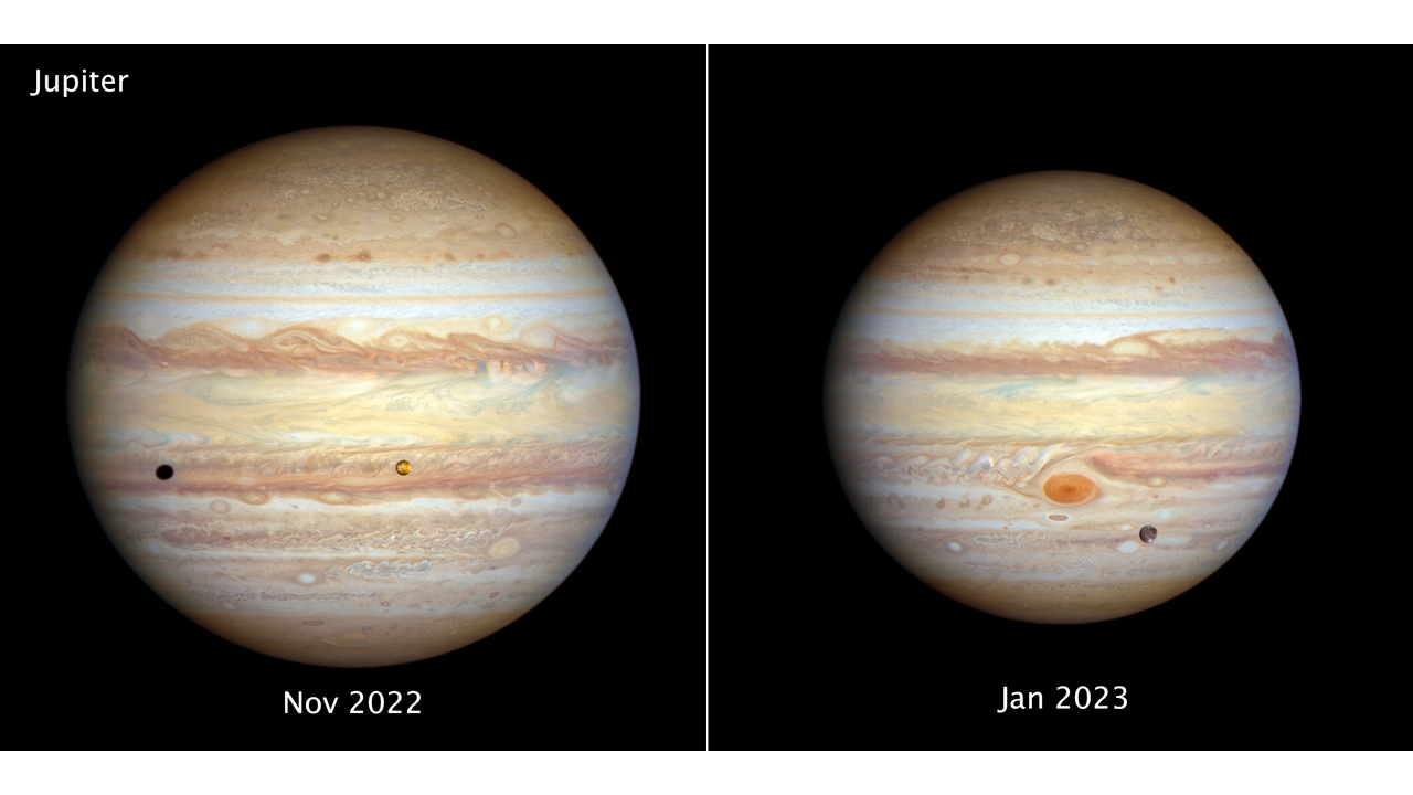Two views of Jupiter appear side-by-side for comparison. At the top, left corner of the left image is the label Jupiter. Centered at the bottom is the label Nov 2022. The planet is banded in stripes of brownish orange, light gray, soft yellow, and shades of cream. White and cream colored ovals punctuate the planet. About one-third from the top, what appears to be a band of brownish orange, swirling waves traverses Jupiter’s face. The relatively small, variegated orange moon Io is just above the bottom third of the planet’s face and slightly right of center. Io casts a black shadow that appears at Jupiter’s far left. In the right image, centered at the bottom is the label Jan 2023. Jupiter’s Great Red Spot is the most prominent feature, centered on the bottom third of this view. The icy moon Ganymede appears as a gray, mottled orb crossing Jupiter’s face slightly below and to the right of the Great Red Spot. In this view, Jupiter is somewhat farther away, so it appears slightly smaller than on the left.