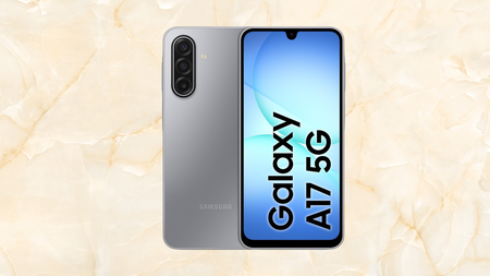 Samsung Galaxy A17 on a yellow and white stone background