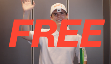 A person wearing a white hat with the word "Shift" and a camera attached to the hat brim is waving and smiling while holding a cleaning mop and Swiffer. The word "Free" in big red letters is in the foreground.