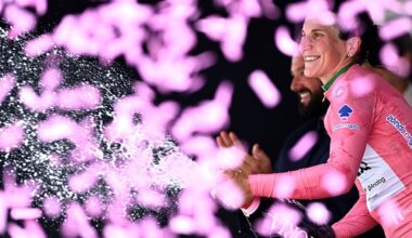 MONTE NERONE, ITALY - JULY 12: Elisa Longo Borghini of Italy and UAE Team ADQ celebrates at podium as Pink Leader Jersey winner during the 36th Giro d'Italia Women 2025, Stage 7 a 150km stage from Fermignano to Monte Nerone 1396m / #UCIWWT / on July 12, 2025 in Monte Nerone, Italy. (Photo by Luc Claessen/Getty Images)