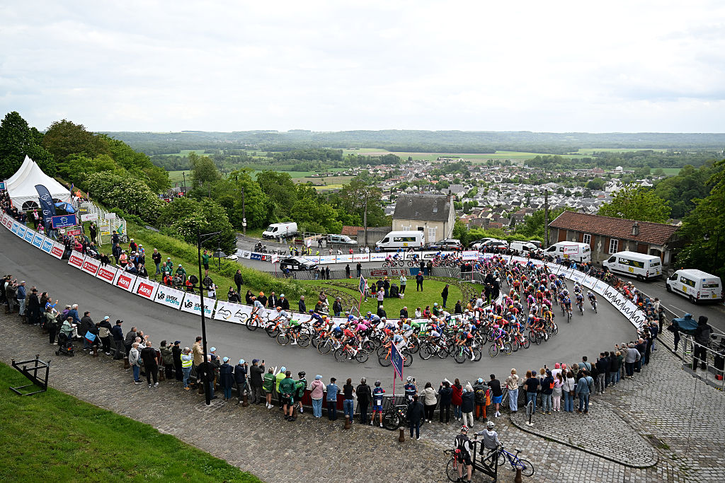 LAON, FRANCE - MAY 20: A general view of the peloton passing through a landscape during the 70th 4 Jours de Dunkerque 2026, Stage 1 a 177.3km stage from Lagny-le-Sec to Laon on May 20, 2026 in Laon, France. (Photo by Luc Claessen/Getty Images)