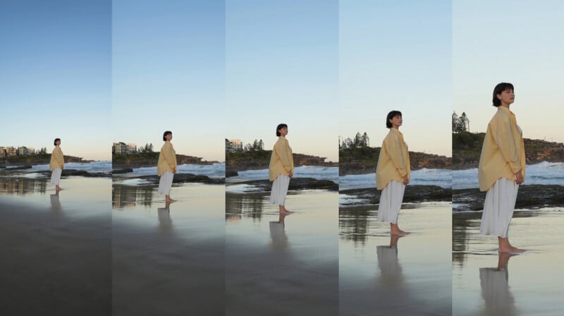 A person in a yellow shirt and white pants stands barefoot on a beach at sunset. The image is split into five vertical sections, each showing different lighting or editing effects.