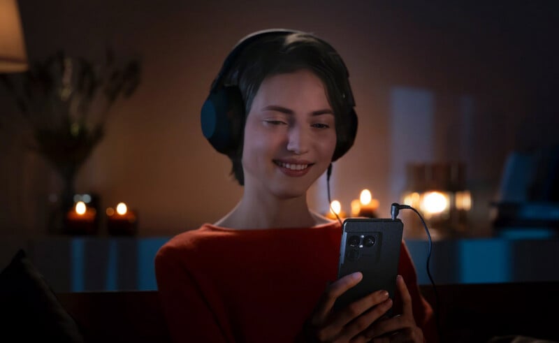 A woman wearing headphones smiles while looking at her smartphone in a dimly lit room, with candles glowing softly in the background.
