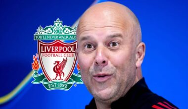 A surprised looking Liverpool manager Arne Slot next to the Liverpool FC badge - copyright TEAMtalk