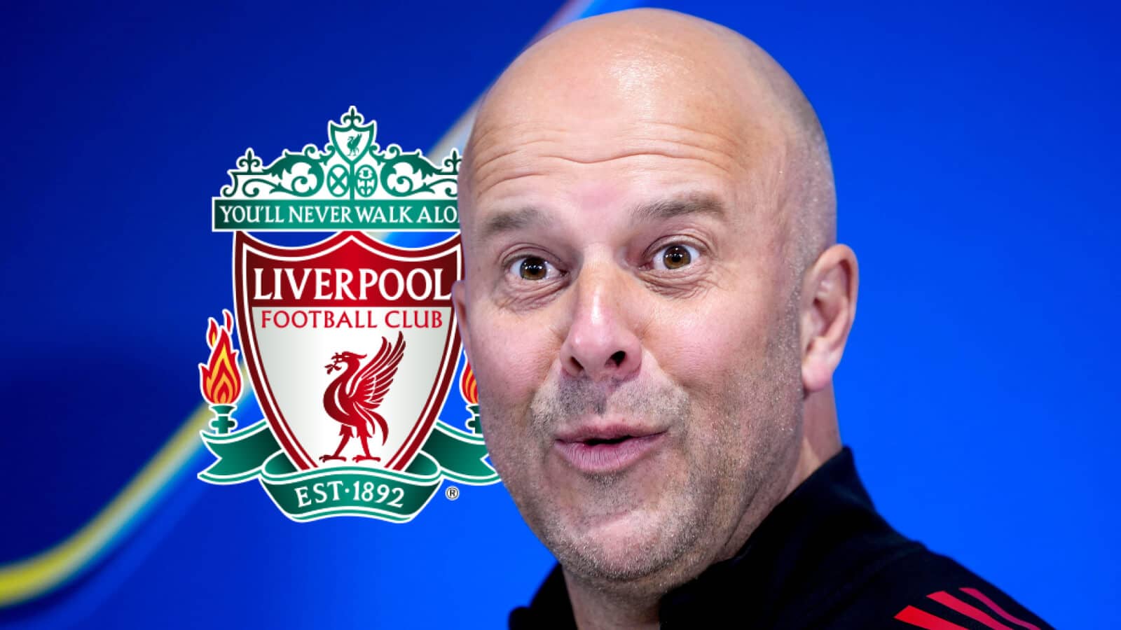 A surprised looking Liverpool manager Arne Slot next to the Liverpool FC badge - copyright TEAMtalk