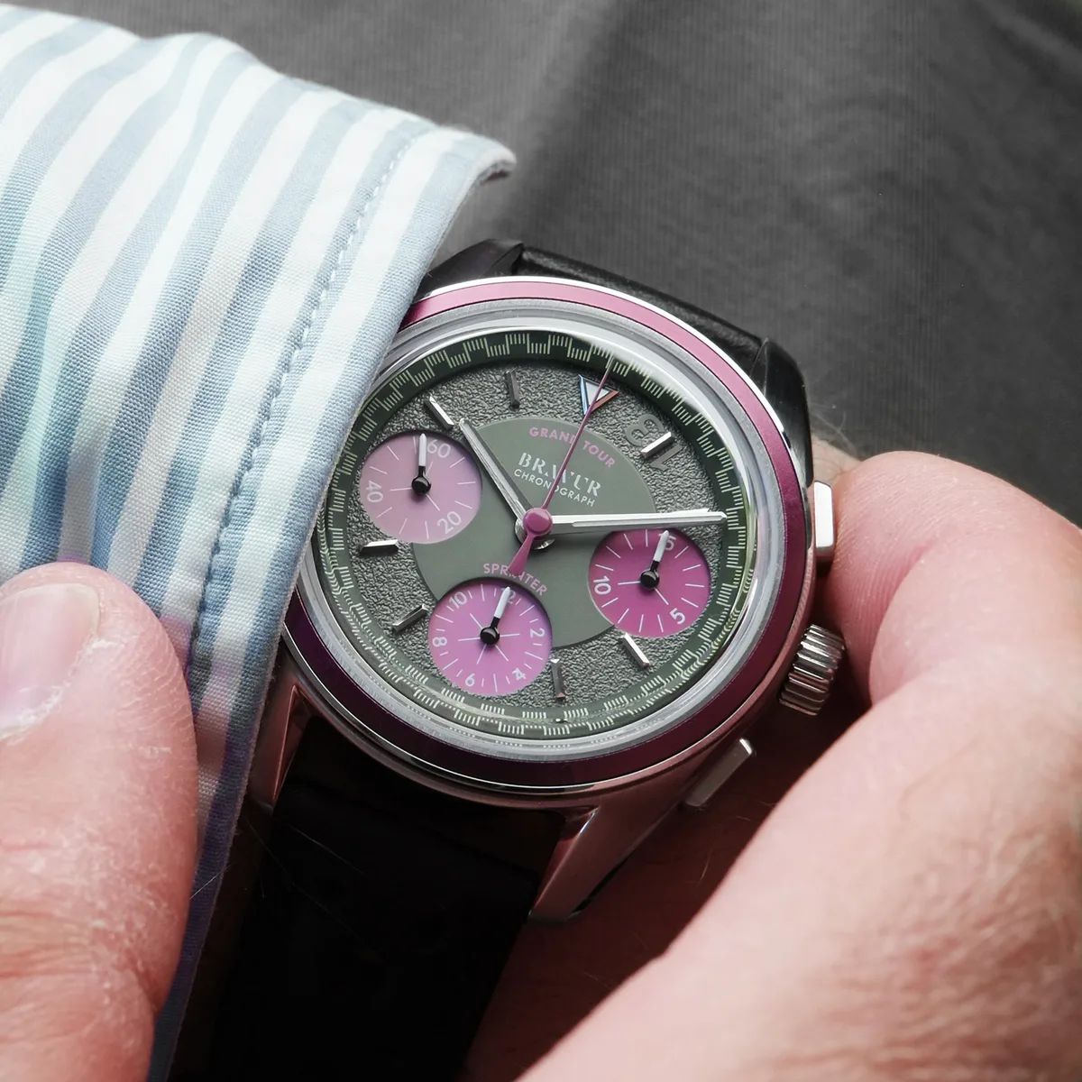 Bravur Grand Tours Sprinter watch on wrist.