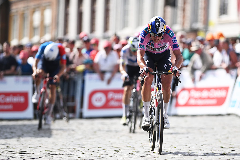 CASSEL, FRANCE - MAY 23: crosses the finish line during the 70th 4 Jours de Dunkerque 2026, Stage 4 a 167.2km stage from Bergues to Cassel on May 23, 2026 in Cassel, France. (Photo by Luc Claessen/Getty Images)