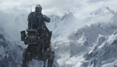 The Mandalorian and Grogu riding an AT-RT