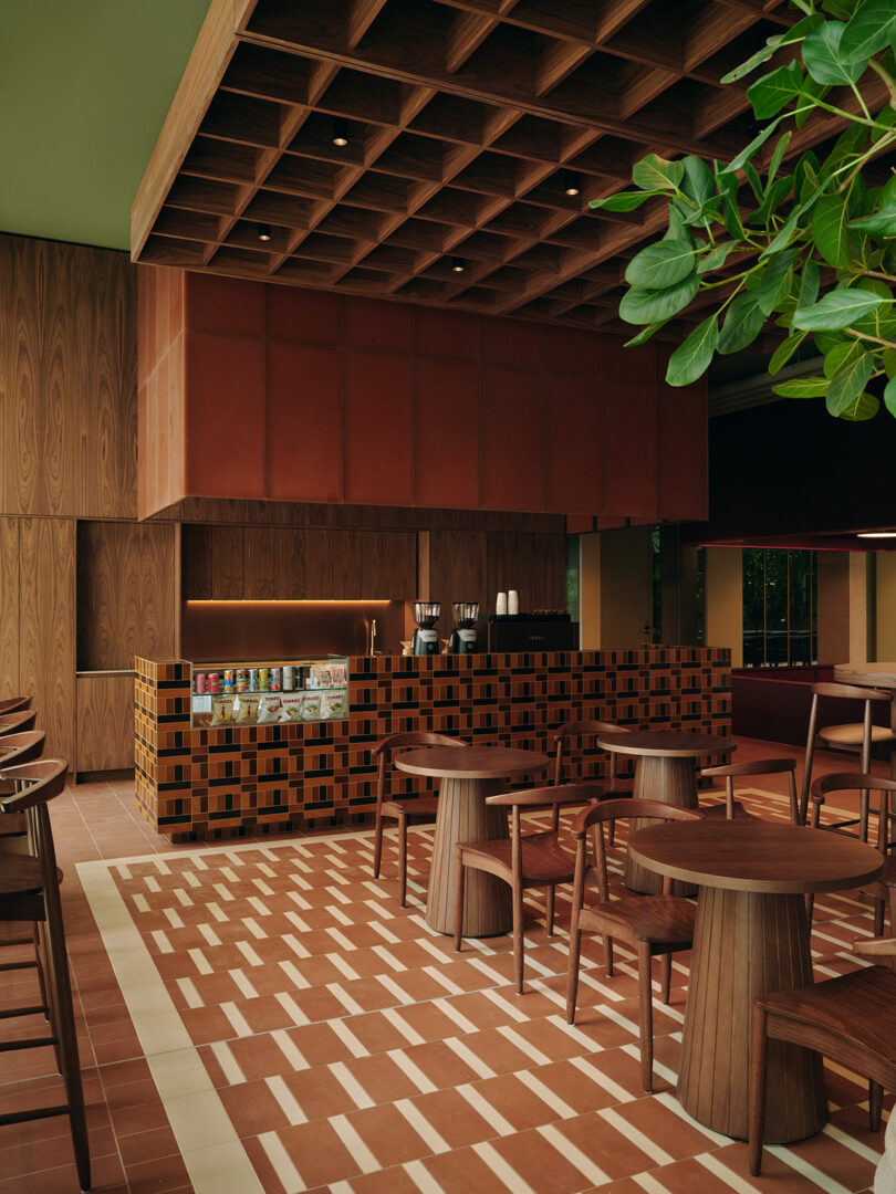 Modern café interior with wooden furniture, geometric patterned floor, lattice ceiling, and a counter displaying drinks. Green plants hang from the ceiling, adding a touch of nature.