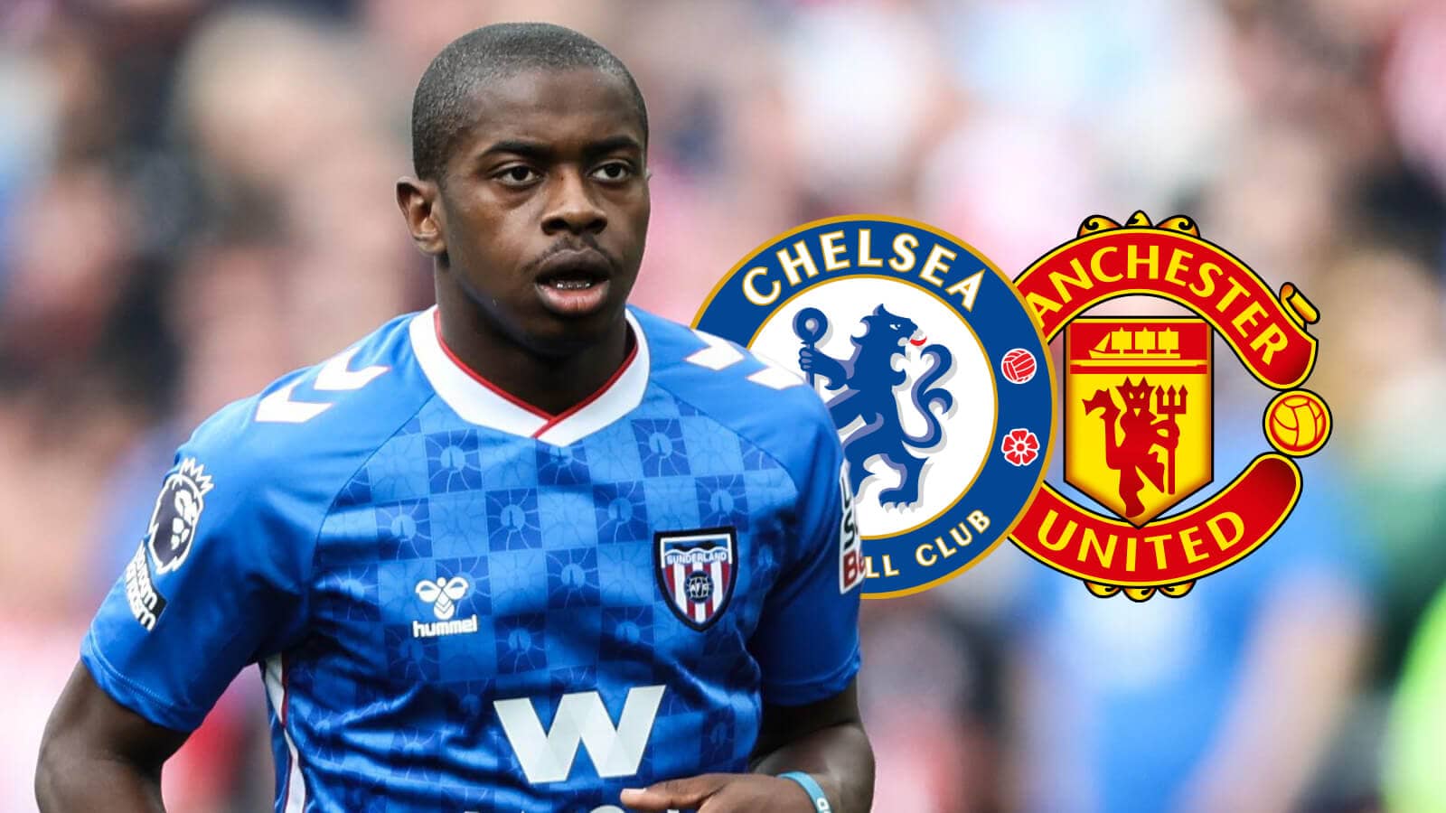 Sunderland star Noah Sadiki with Chelsea and Man Utd badges