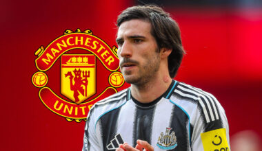 Manchester United badge and Newcastle United midfielder Sandro Tonali - copyright TEAMtalk