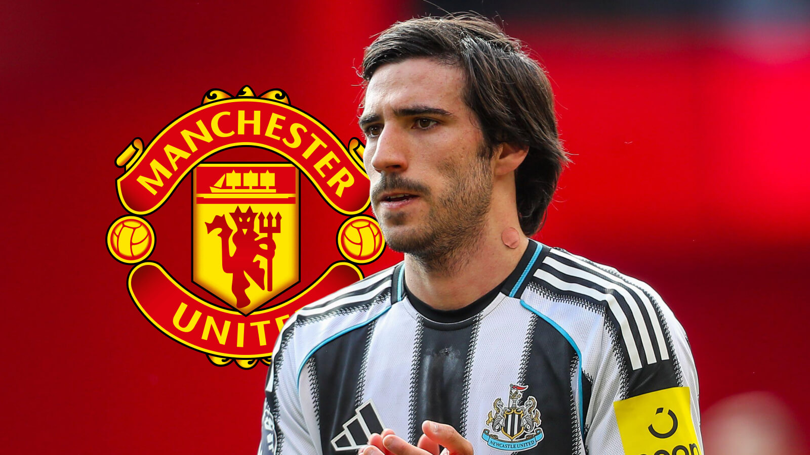 Manchester United badge and Newcastle United midfielder Sandro Tonali - copyright TEAMtalk