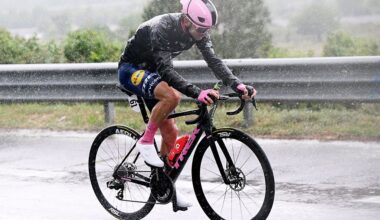 POTENZA, ITALY - MAY 13: Giulio Ciccone of Italy and Team Lidl - Trek - Pink Leader Jersey competes while it is raining heavily during the 109th Giro d&amp;apos;Italia 2026, Stage 5 a 203km stage from Praia a Mare to Potenza 705m / #UCIWT / on May 13, 2026 in Potenza, Italy. (Photo by Dario Belingheri/Getty Images)