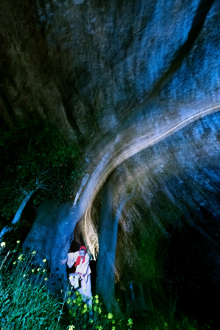 A dynamic shot of a person in a white and red costume emerging from behind a large tree trunk at night, illuminated by dramatic blue and green lighting with streaks of white light.