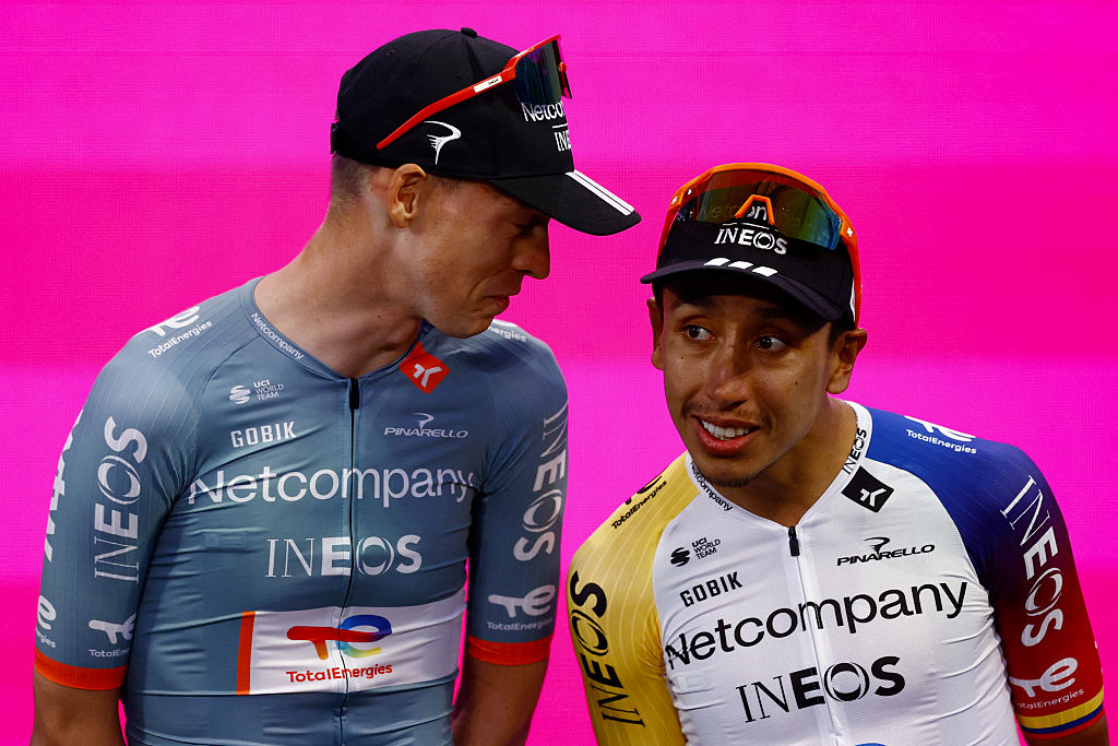 INEOS Grenadiers Colombian rider Egan Bernal and INEOS Grenadiers Dutch rider Thymen Arensman (L) attend the team presentation in Burgas, on May 6, 2026, two days before the departure of the Giro d'Italia 2026 - Tour of Italy cycling race. The Giro d'Italia 2026 will depart from Burgas in Bulgaria on May 8, 2026 and finish in Rome on May 31, 2026. (Photo by Luca Bettini / AFP)