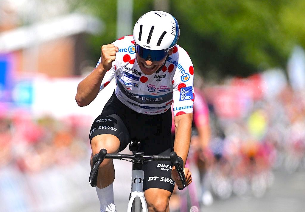 LIEVIN, FRANCE - MAY 21: Victor Papon of France and Team Nice Metropole Cote d'Azur - Polka Dot Mountain Jersey celebrates at finish line as stage winner during he 70th 4 Jours de Dunkerque 2026, Stage 2 a 187.4km stage from Glisy to Lievin on May 21, 2026 in Lievin, France. (Photo by Luc Claessen/Getty Images)
