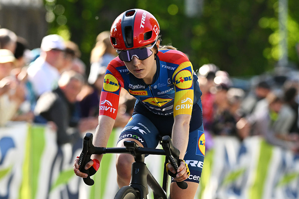 BASTOGNE, BELGIUM - APRIL 26: Niamh Fisher-Black of New Zealand and Team Lidl - Trek crosses the finish line during the 10th Liege - Bastogne - Liege Femmes 2026 - Women&amp;apos;s Elite a 156km one day race from Bastogne to Liege / #UCIWWT / on April 26, 2026 in Liege, Belgium. (Photo by Dario Belingheri/Getty Images)