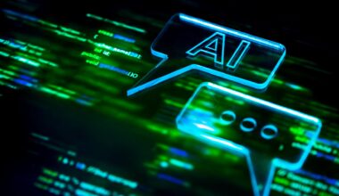 A rendered image showing an AI speech bubble icon over blurred programming code background, symbolizing chatbot communication, machine learning, cloud data exchange and futuristic digital interaction