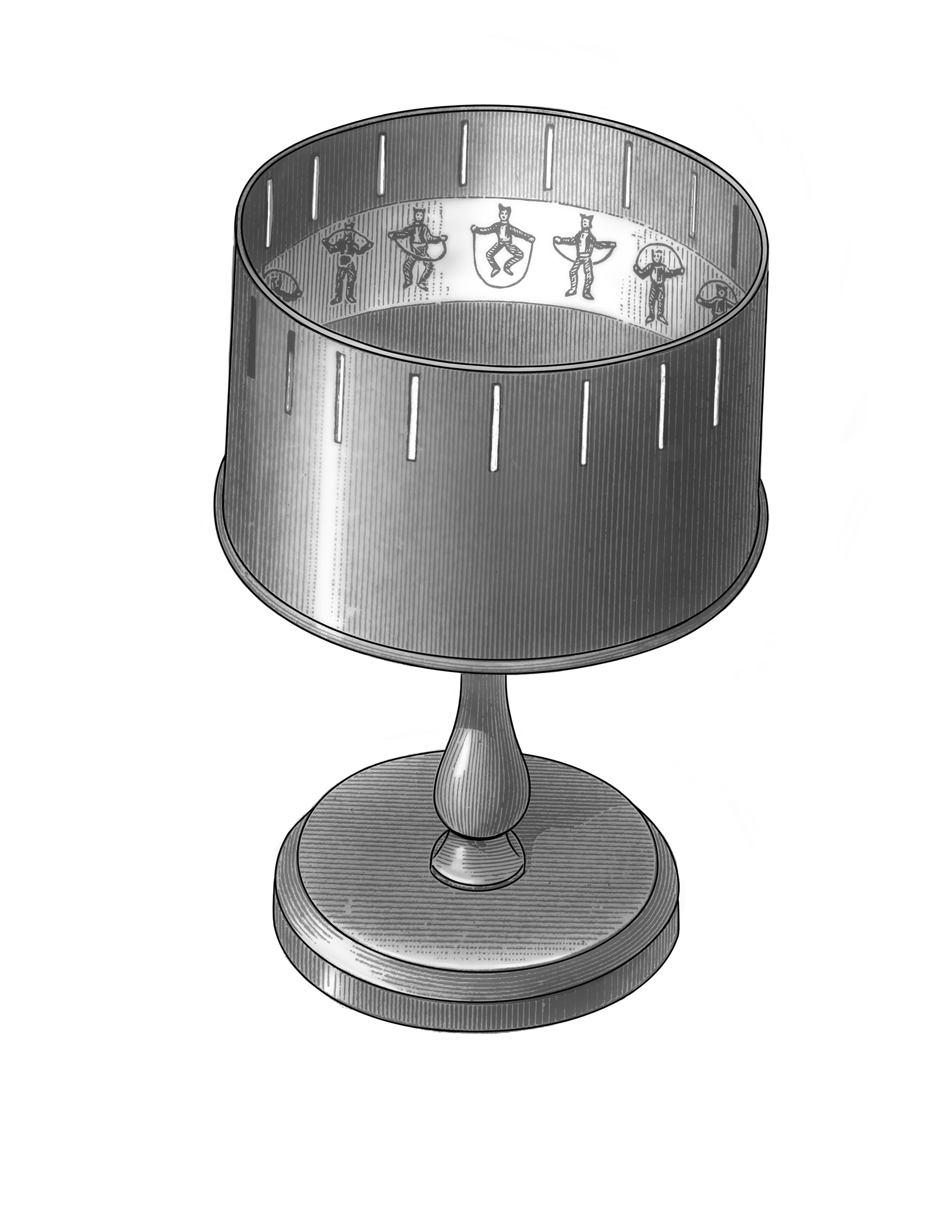 Illustration of a zoetrope, a cylindrical device with slits and sequential images inside that create the illusion of motion when spun