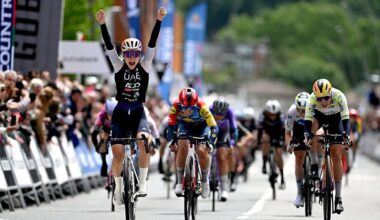 AMOREBIETA-ETXANO, SPAIN - MAY 16: (L-R) Dominika Wlodarczyk of Poland and UAE Team ADQ celebrates at finish line as stage winner ahead of Shirin van Anrooij of Netherlands and Team Lidl - Trek and Mischa Bredewold of Netherlands and Team SD Worx - Protime - Yellow Leader Jersey during the 5th Itzulia Women 2026, Stage 2 a 138km stage from Abadino to Amorebieta-Etxano / #UCIWWT / on May 16, 2026 in Amorebieta-Etxano, Spain. (Photo by Szymon Gruchalski/Getty Images)