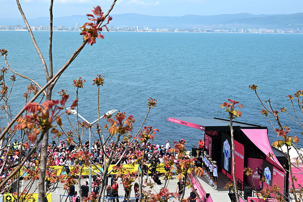A general view of Team Movistar prior to the 109th Giro d'Italia stage start