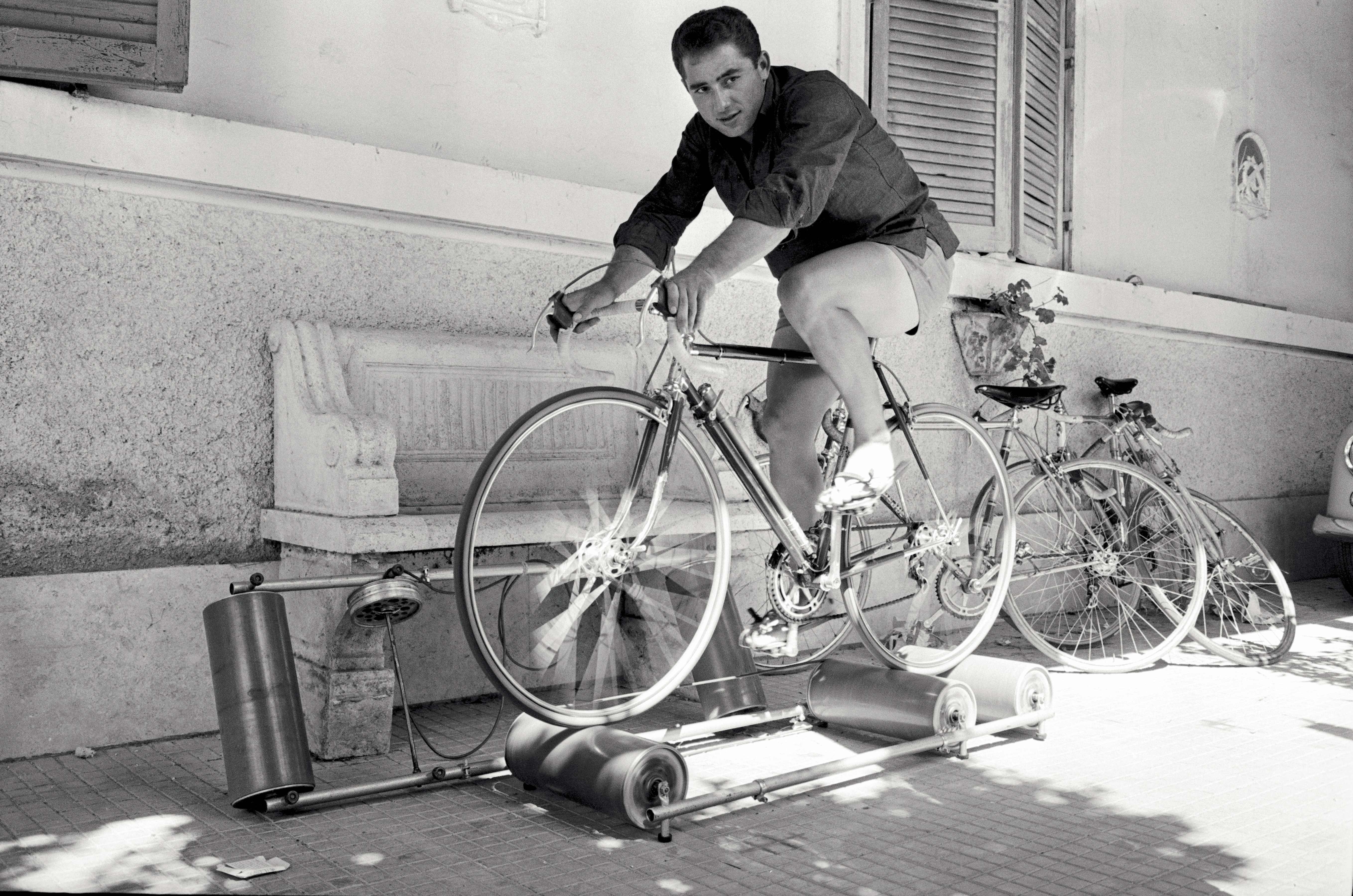 Man cycles on rollers