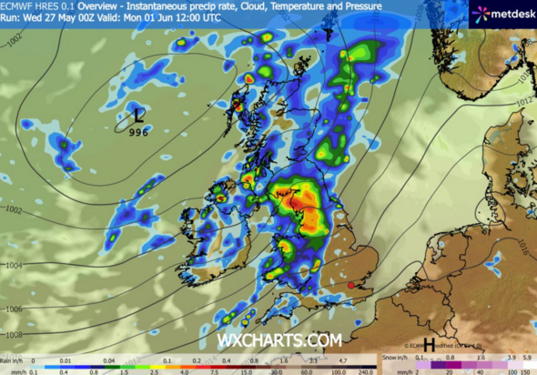 WXCharts maps show heavy rain sweeping across Britain on June 1.
